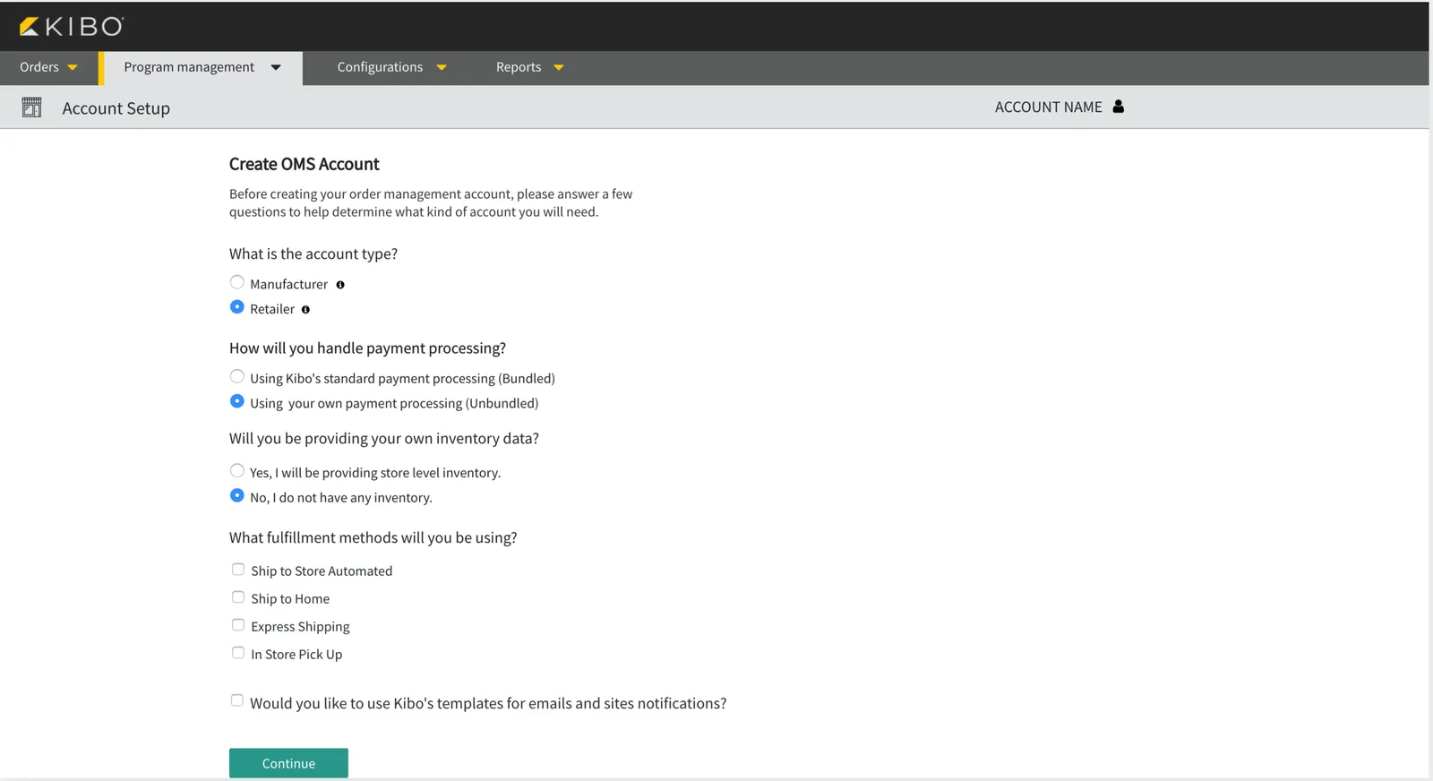 Redesigned account setup screen
